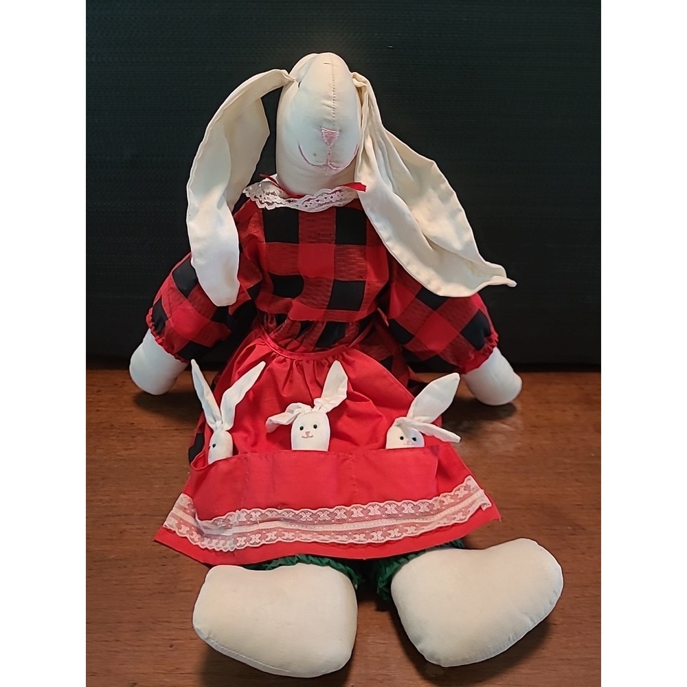 Kurt Adler 1991 Bunny Rabbit Mom & Babies Plush 21"‎ Christmas Colors Red Green